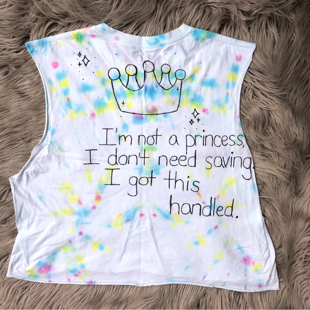Homemade Tie-Dye Not a Princess Sharpie Slogan Cropped Tee with Cutoff Sleeves